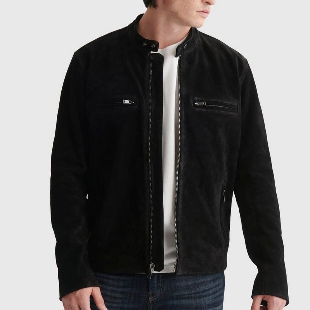 Lucky Brand Bonneville Men Suede Black Leather Jacket cafe racer style Med
